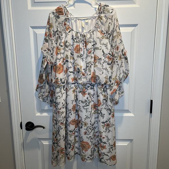 Tacera Dresses & Skirts - Tacera 2X Floral 3/4 Sheer Flutter Sleeve Lined Elastic Waist Knee Length